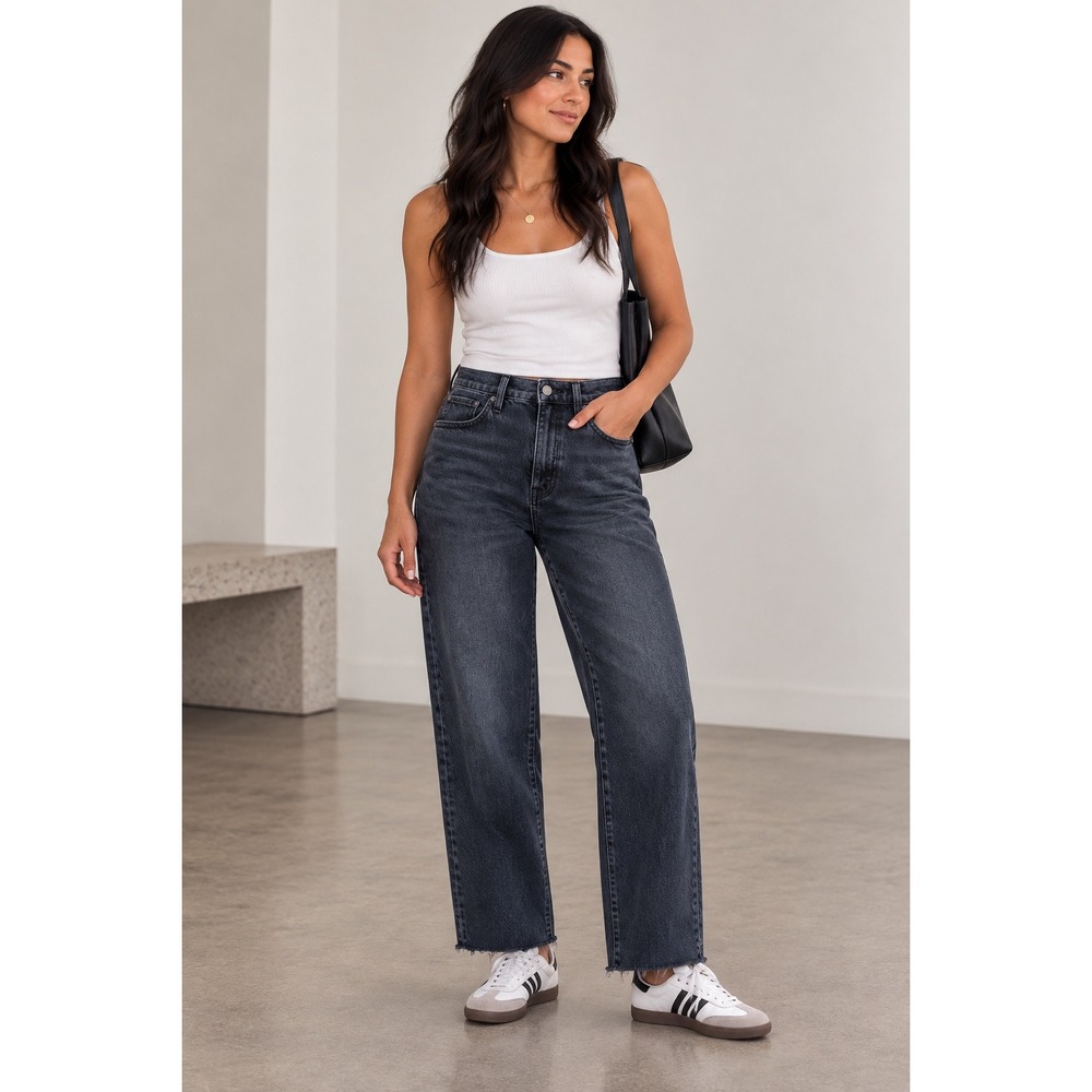Madewell Balloon Barrel Jean Black High Rise Raw Hem Minimalist 24